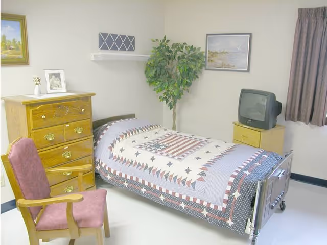 A small bedroom with a single bed covered by a patriotic quilt featuring stars and stripes. Next to the bed is a wooden dresser with a framed photo and a small vase on top. A pink cushioned wooden chair is positioned near the dresser. A small TV sits on a yellow nightstand near the window with closed curtains. A potted artificial plant is in the corner, and two framed pictures hang on the walls.