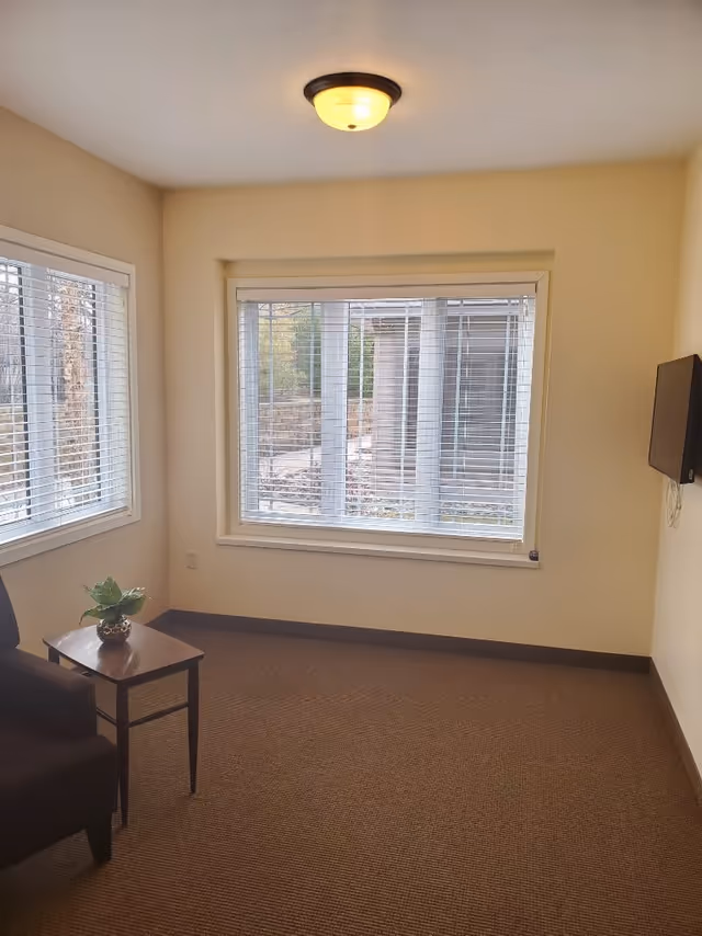 A small room with beige walls and carpeted floor featuring a large window with white blinds, a smaller window with white blinds, a dark armchair, a small wooden side table with a potted plant, and a wall-mounted flat screen TV.