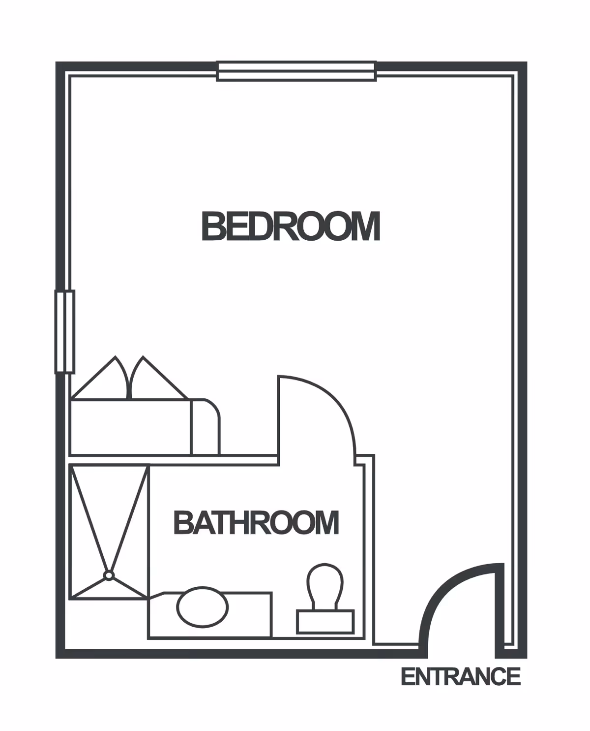Floor plan layout showing a bedroom with an attached bathroom and an entrance. The bathroom includes a shower, sink, and toilet.