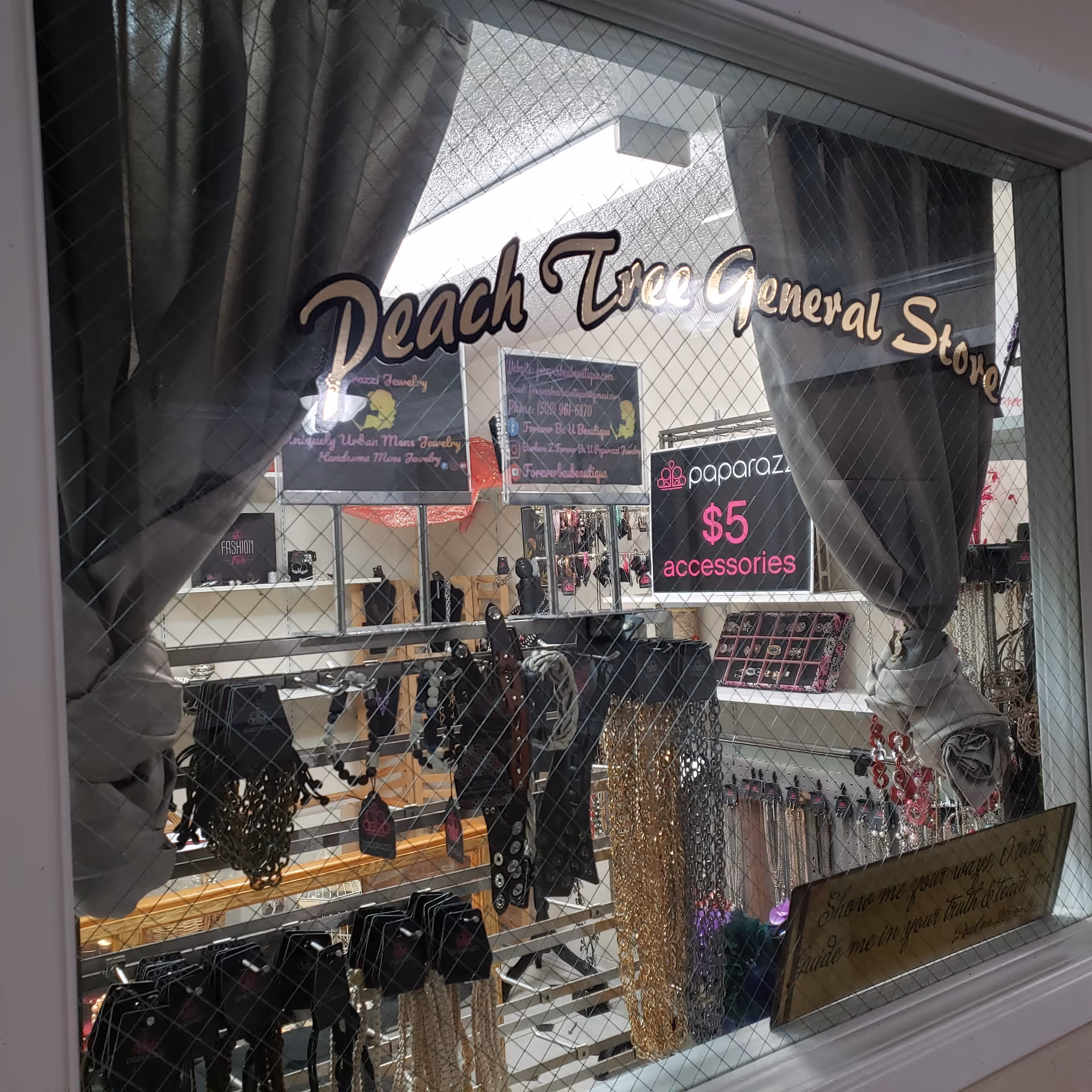 View through a glass window with wire mesh showing the interior of a small general store named Peach Tree General Store. The store displays various jewelry items including necklaces, bracelets, and accessories with a sign advertising $5 accessories. The window is framed by tied-back gray curtains.