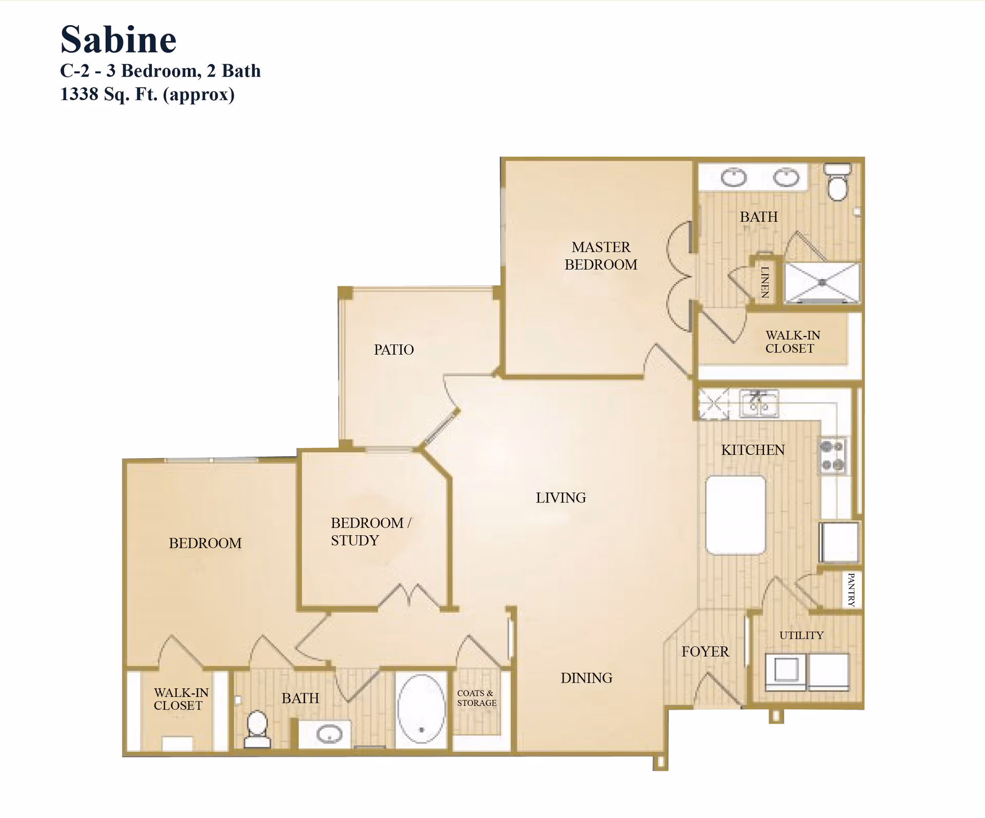Floor plan of Sabine model, a 3-bedroom, 2-bath apartment with approximately 1338 square feet. Includes master bedroom with walk-in closet and bath, second bedroom with walk-in closet, bedroom/study, living area, dining area, kitchen with pantry, utility room, foyer, coats and storage closet, and patio.