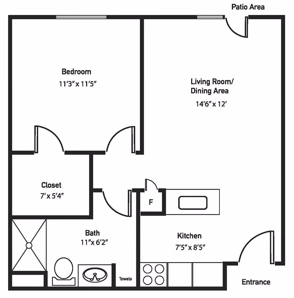 Floor plan of a one-bedroom apartment at Brookstone Estates Of Fairfield showing a bedroom, closet, bathroom, kitchen, living room/dining area, entrance, and patio area with dimensions.