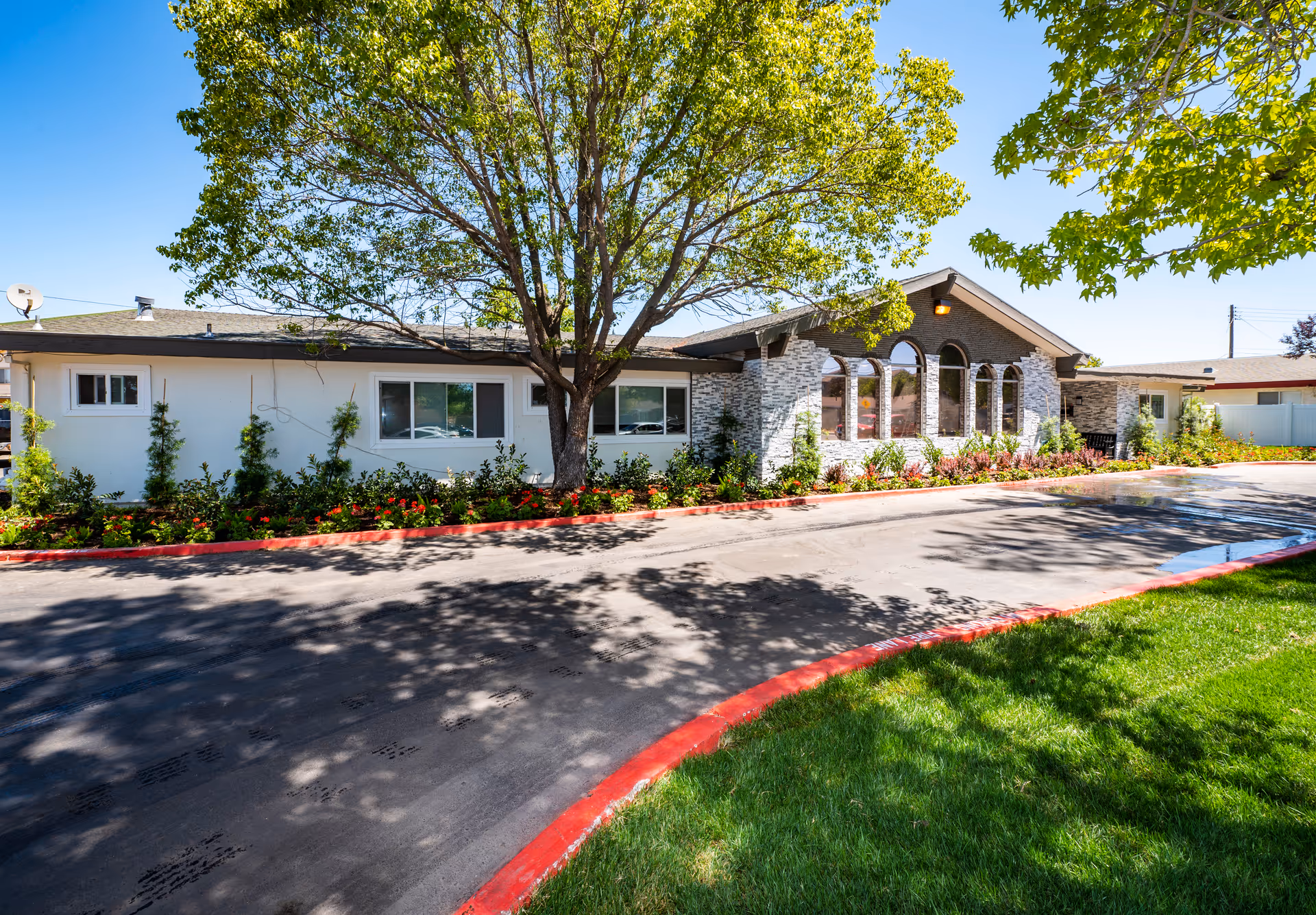 Front exterior view of Bridgewood Post-Acute with arches, trees, and a landscaped driveway.