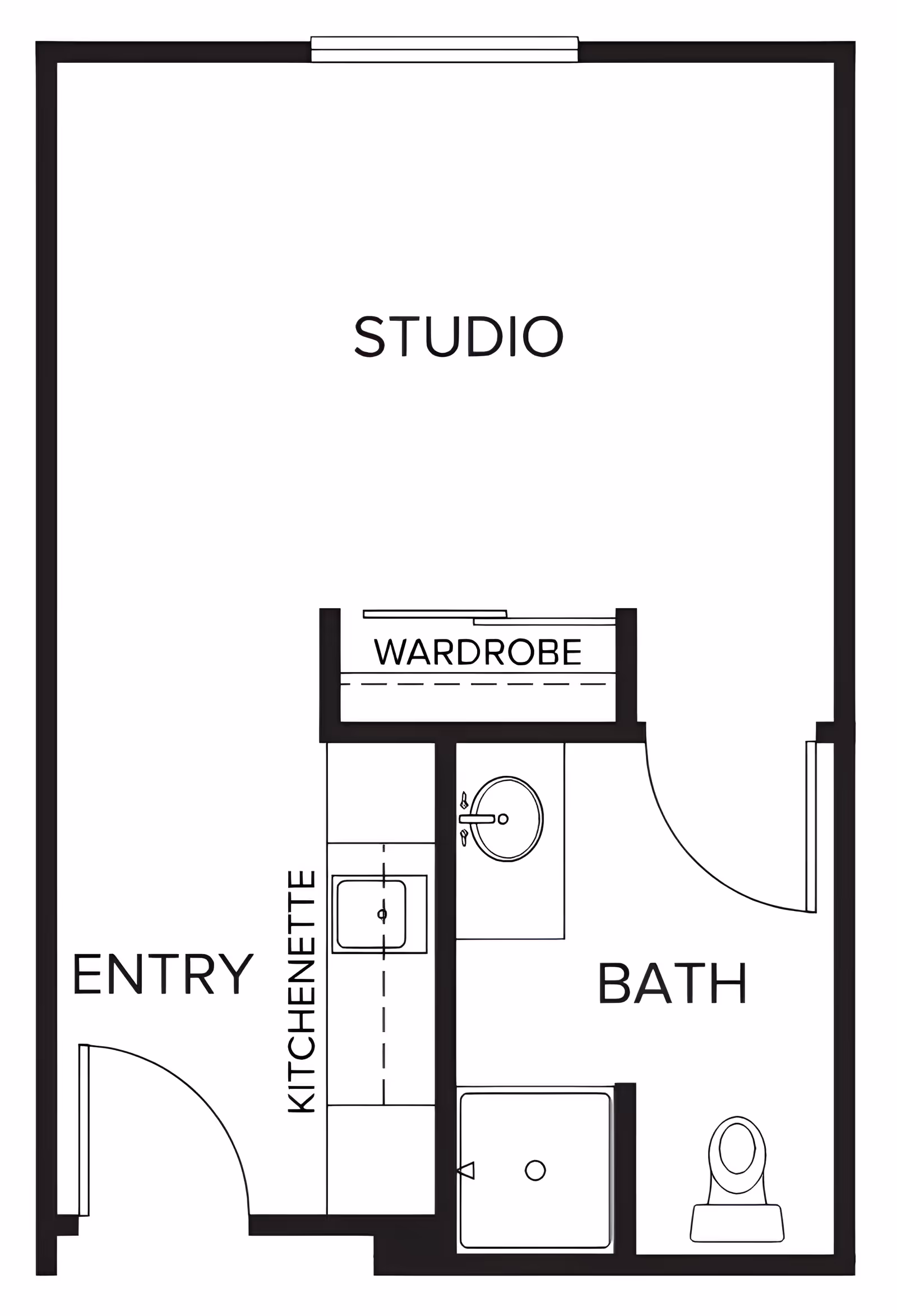 Floor plan of a studio apartment at Carmel Village showing an entry area with a kitchenette, a studio living space, a wardrobe, and a bathroom with a sink, shower, and toilet.