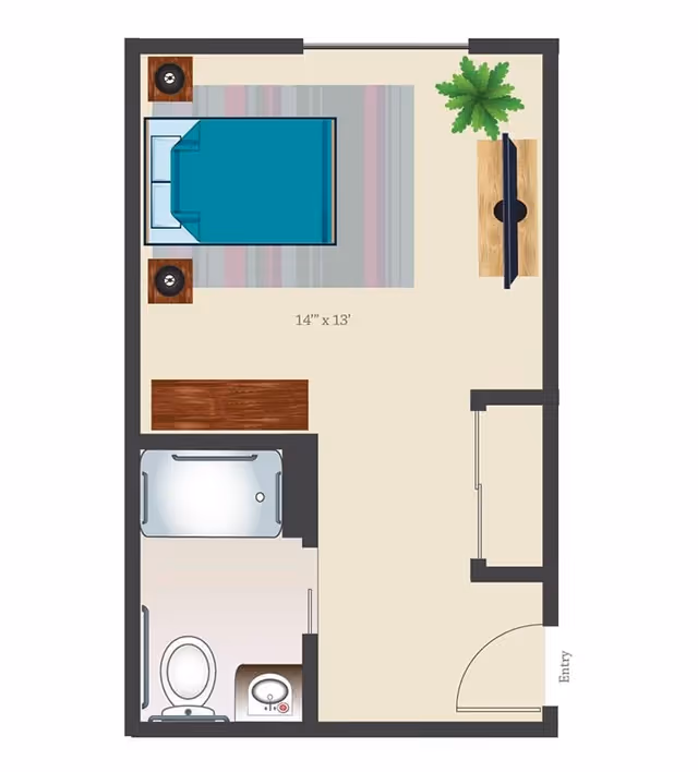 Floor plan of a studio apartment at Bonaventure of East Wenatchee showing a 14 by 13 feet room with a bed, two nightstands, a rug, a TV on a stand with a plant beside it, a bathroom with a bathtub, toilet, and sink, and an entry door.