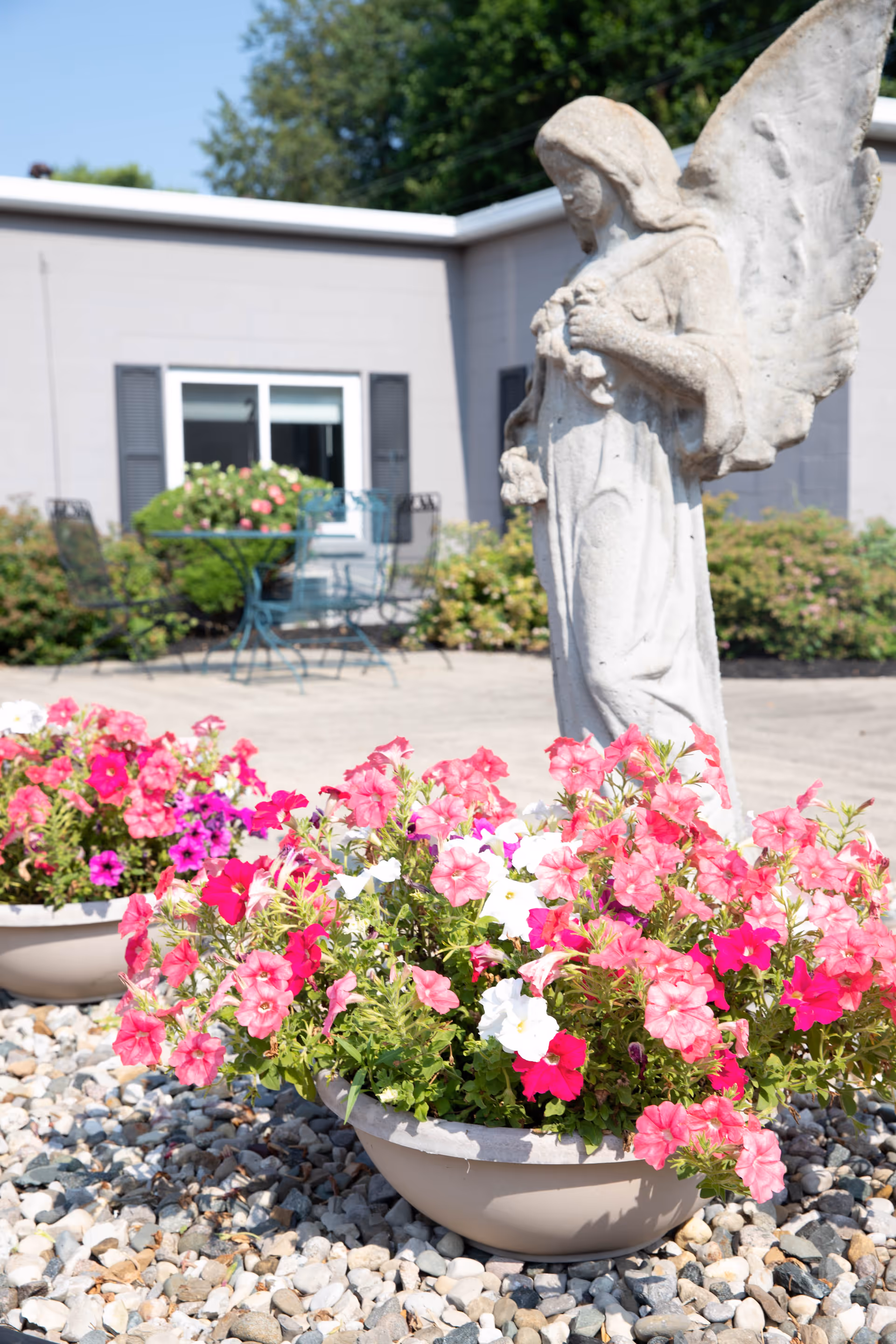 A stone angel statue standing in a garden area with colorful pink, white, and purple flowers planted in large round pots surrounded by small rocks. In the background, there is a building with a window, black shutters, and outdoor metal chairs and tables.