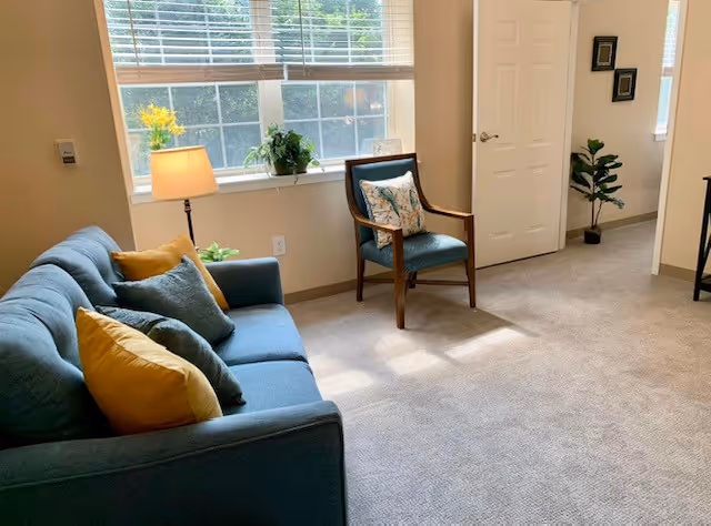 A bright living room area with a blue sofa adorned with yellow and gray pillows, a wooden armchair with a floral cushion, a floor lamp, and a window with blinds letting in natural light. There are plants on the windowsill and a potted plant near a white door in the background.