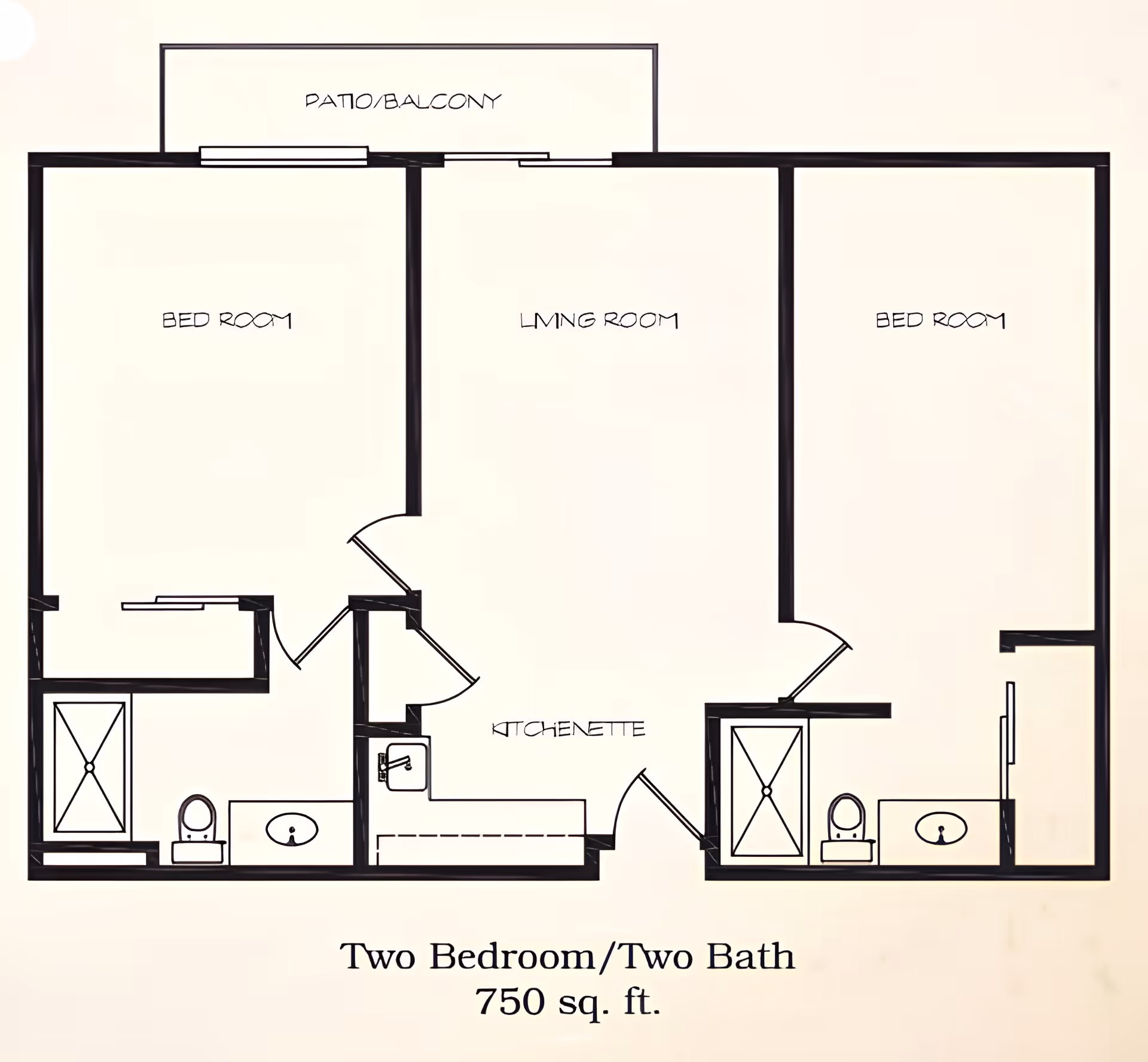 Floor plan of a two bedroom, two bathroom apartment with a living room, kitchenette, and a patio/balcony, totaling 750 square feet.