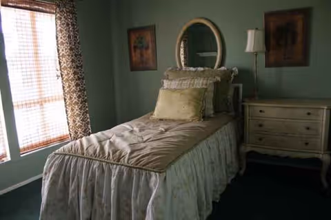 Single neatly made bed beside a dresser and mirror in a green bedroom.