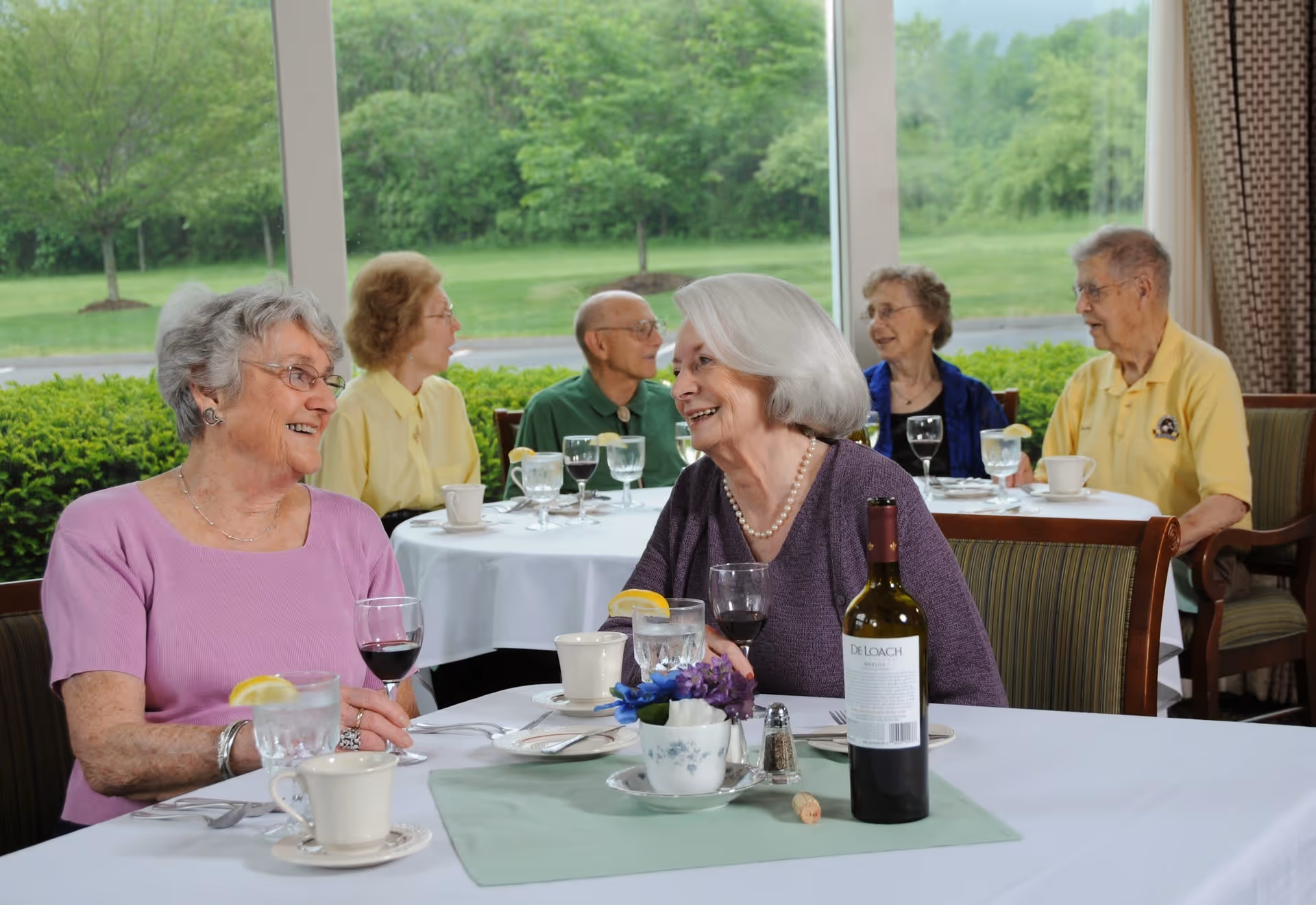 Six elderly people sitting at two round dining tables inside a room with large windows showing a green outdoor view. Two women in the foreground are smiling and talking, each with a glass of wine. The tables have white tablecloths, cups, glasses, and a bottle of wine on one table.