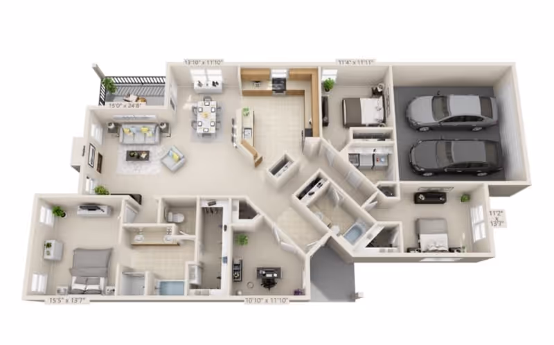 3D floor plan of a single-story home featuring two bedrooms, two bathrooms, a kitchen, dining area, living room, laundry room, office space, and a two-car garage. The living room opens to a balcony. Dimensions are labeled for each room.