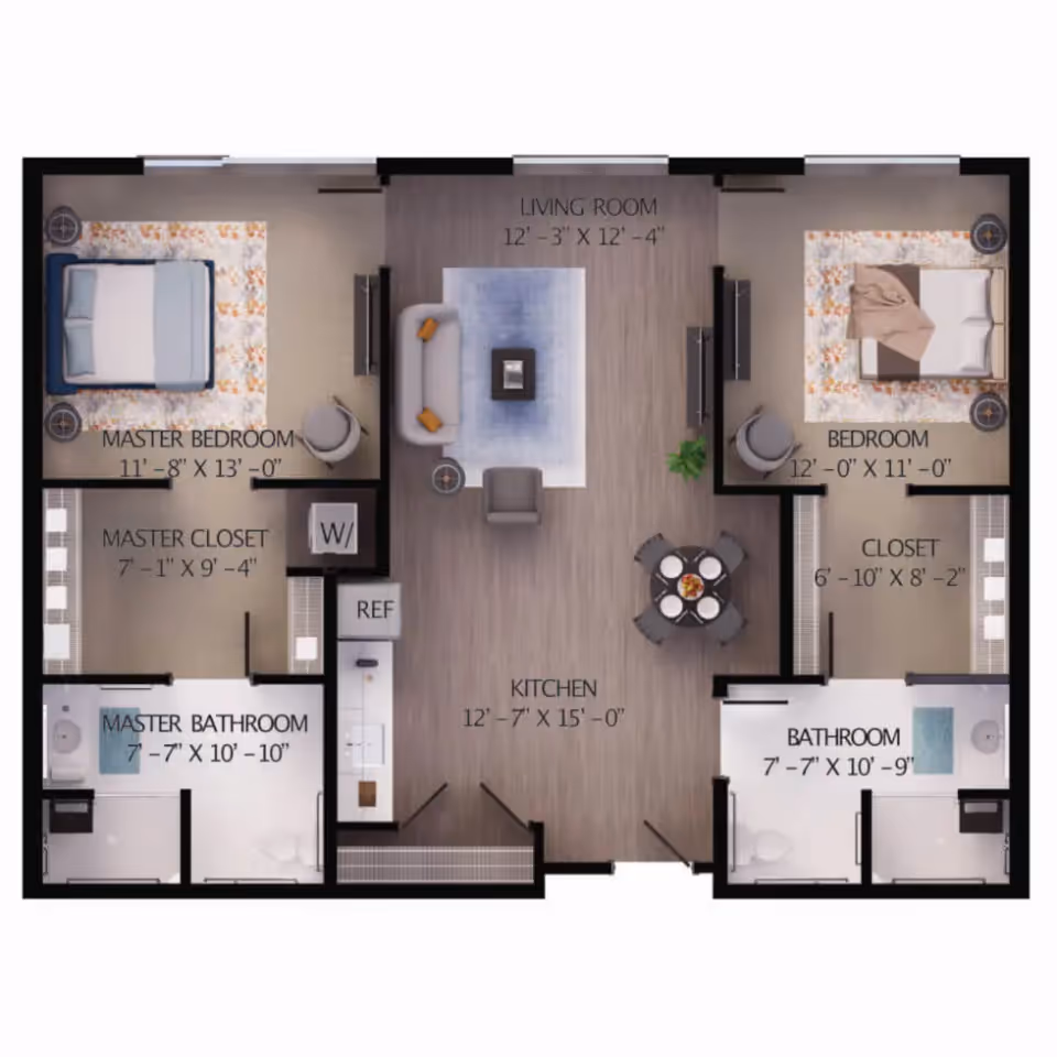 Floor plan of a two-bedroom apartment featuring a master bedroom with a master closet and master bathroom, a second bedroom with a closet and bathroom, a living room, and a kitchen with dining area.