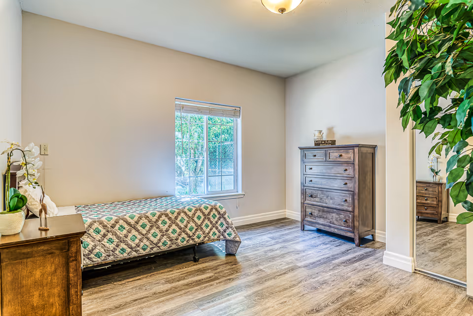 Bright furnished bedroom with a single bed, wooden dresser, window and mirrored closet.