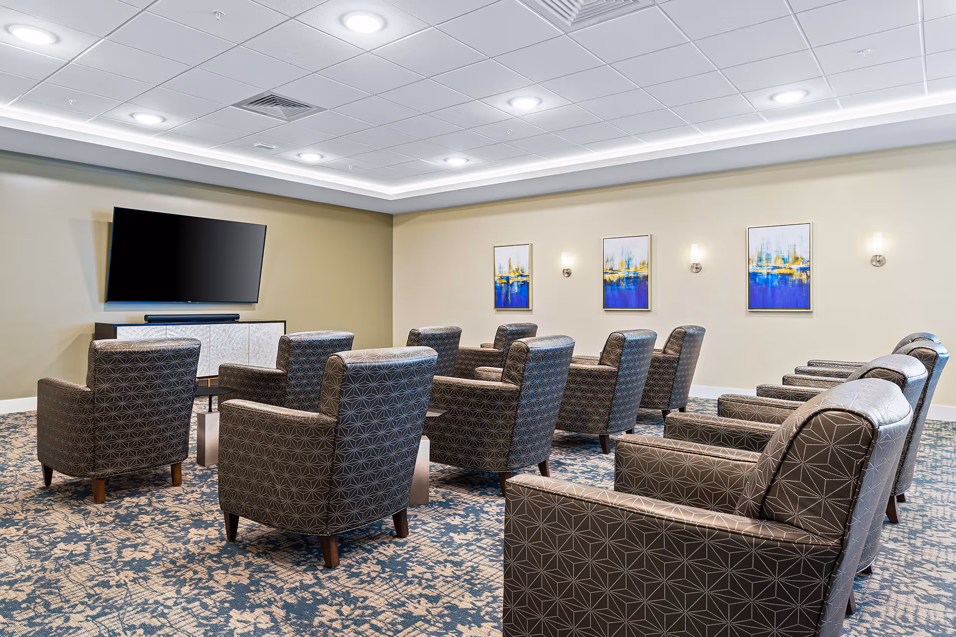 A small screening room with rows of patterned armchairs facing a wall-mounted television and framed artwork.