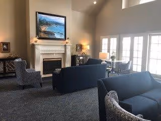 A cozy living room area with two dark blue sofas, a patterned armchair, and a fireplace with a large TV mounted above it. The room has large windows letting in natural light and a carpeted floor.