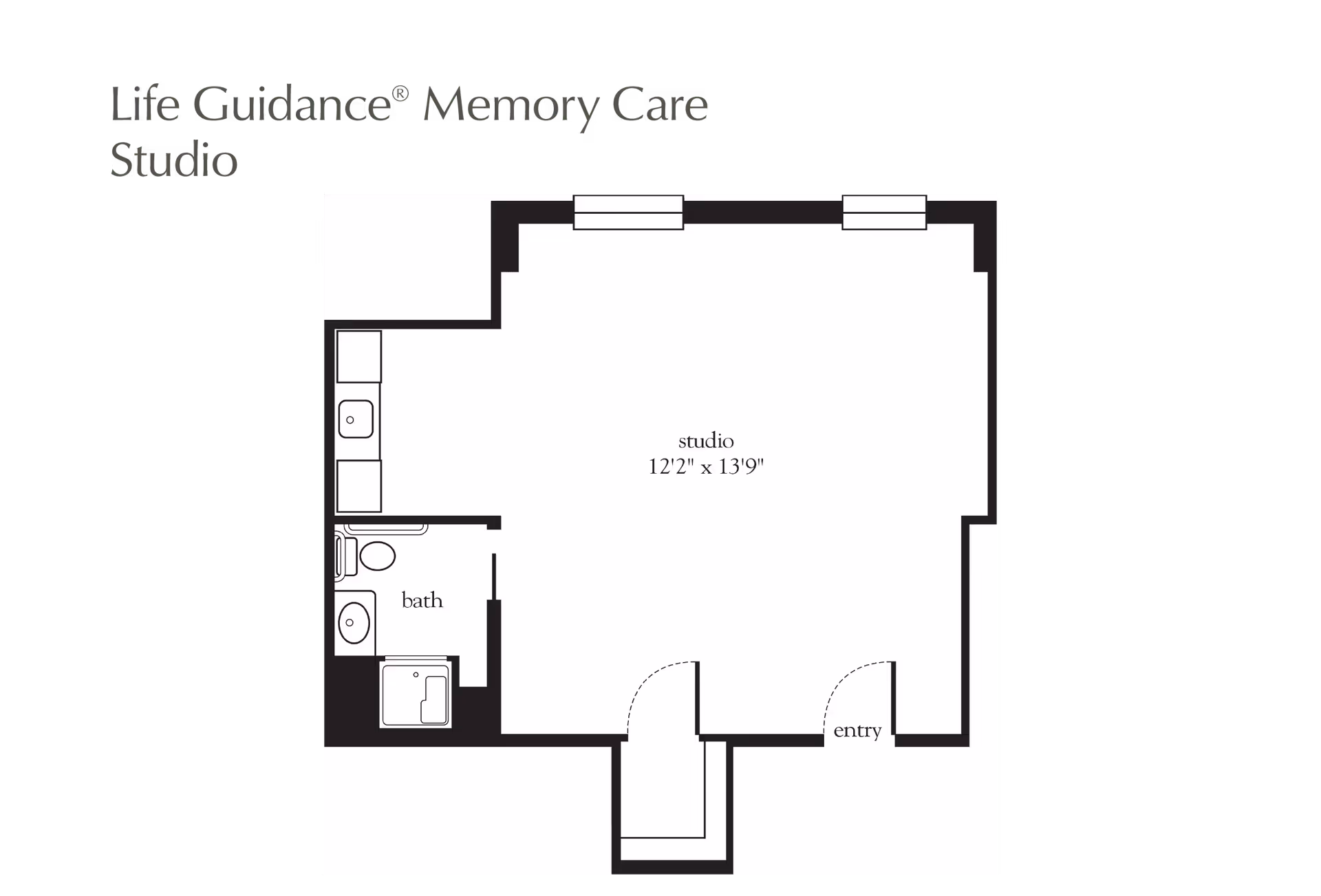 Floor plan layout of a Life Guidance Memory Care Studio apartment showing a studio room measuring 12 feet 2 inches by 13 feet 9 inches, a bathroom with a toilet, sink, and shower, a kitchenette area, and an entry door.