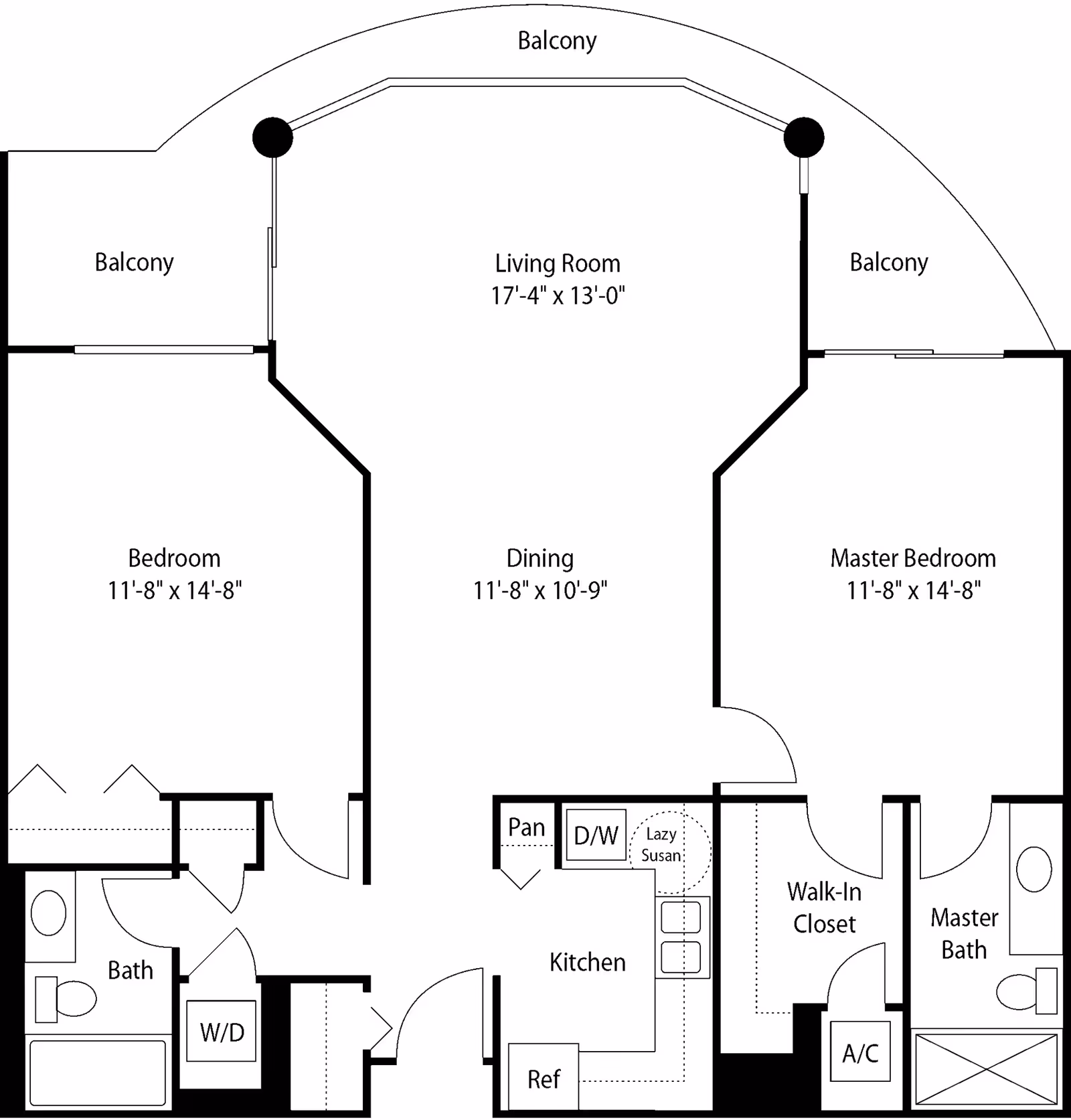 Floor plan of a residential unit at Cypress Village showing two bedrooms, two bathrooms, a kitchen with pantry and dishwasher, dining area, living room with balcony access, walk-in closet, and washer/dryer area.