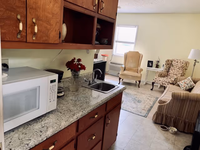 Interior view of a senior living facility room showing a kitchenette area with wooden cabinets, a microwave, a coffee maker, a sink, and a vase with red flowers on the countertop. In the background, there is a living area with two armchairs, a sofa, a small table with decorative items, a floor lamp, and a window with blinds.