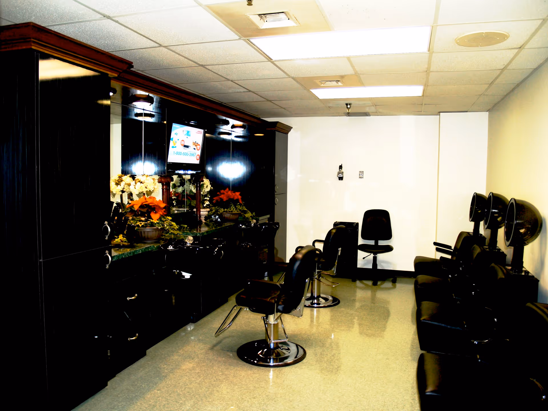 Interior view of a salon area with black salon chairs, hair dryers mounted on the wall, a large mirror with cabinets above and below, and decorative plants on the counter. The room has a tiled floor and a drop ceiling with fluorescent lighting.