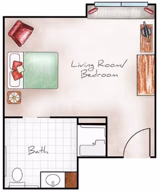 Illustrated studio floor plan showing a combined living room/bedroom with furniture, a small kitchenette area, and a separate bathroom.