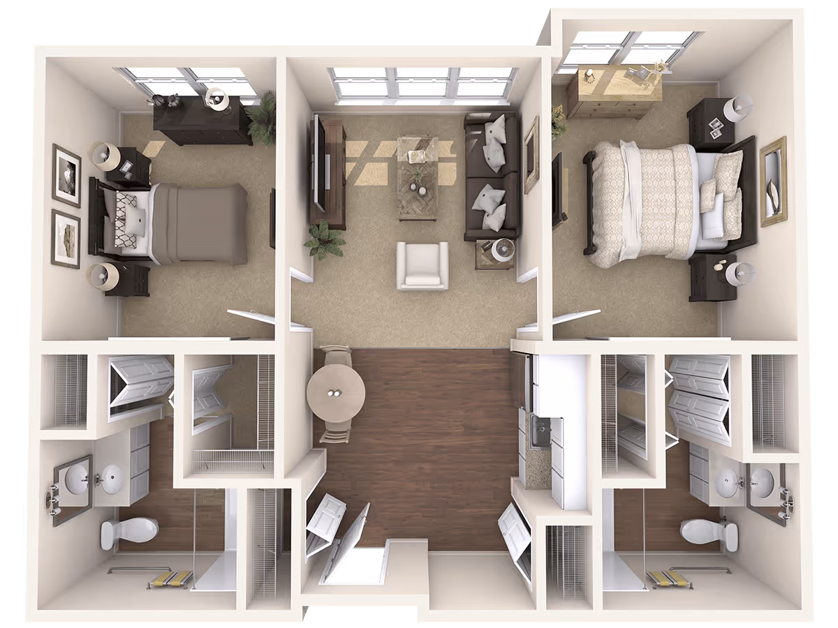 Top-down floor plan of an apartment featuring two bedrooms, two bathrooms, a living room with sofa and armchair, a kitchen with appliances, and a small dining area with a round table and two chairs.