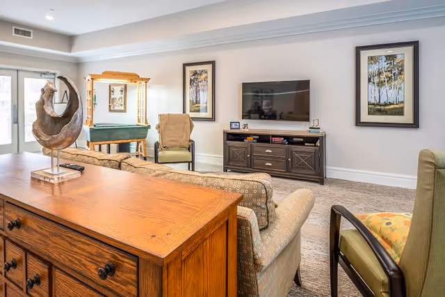 A bright and cozy living room with a wooden sideboard in the foreground, a patterned sofa, armchairs, a TV mounted on the wall, and two framed landscape paintings on either side of the TV. There is a carpeted floor and a large window or glass door letting in natural light.