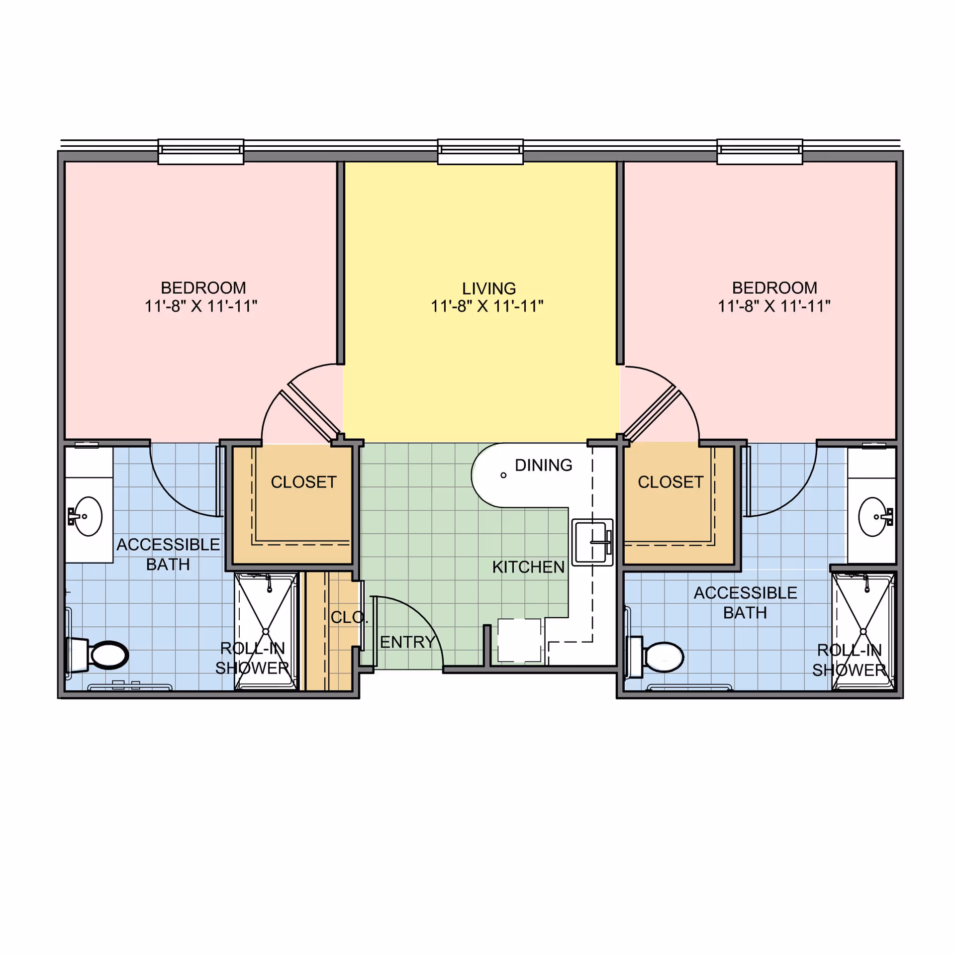Floor plan of a senior living unit at Pinnacle Senior Living showing two bedrooms, each measuring 11 feet 8 inches by 11 feet 11 inches, two accessible bathrooms with roll-in showers, a living area measuring 11 feet 8 inches by 11 feet 11 inches, a kitchen with dining space, closets, and an entry area.