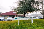 A lawn sign reading "Arbor Nursing Center 900 North Church Street" in front of the facility building with parked cars and trees behind it.