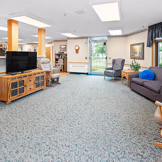 A spacious living room area with carpeted floor, featuring a wooden TV stand with a flat-screen television, two armchairs, a sofa with a blue pillow, a side table with a plant, and large windows letting in natural light.