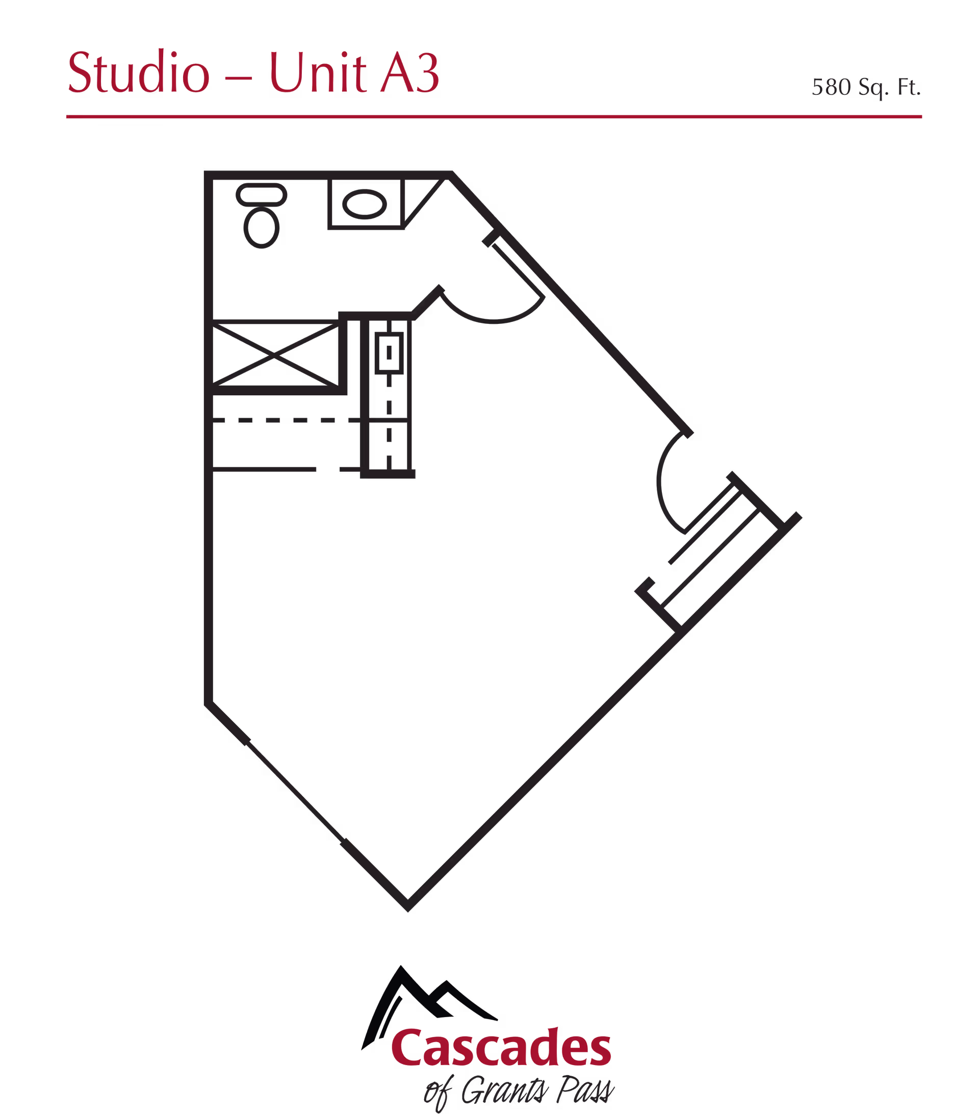 Black graphic floor plan titled "Studio — Unit A3" showing a studio apartment layout with the Cascades of Grants Pass logo.