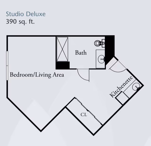 Floor plan of a 390 sq. ft. Studio Deluxe showing a combined bedroom/living area, bath, kitchenette, and closet.