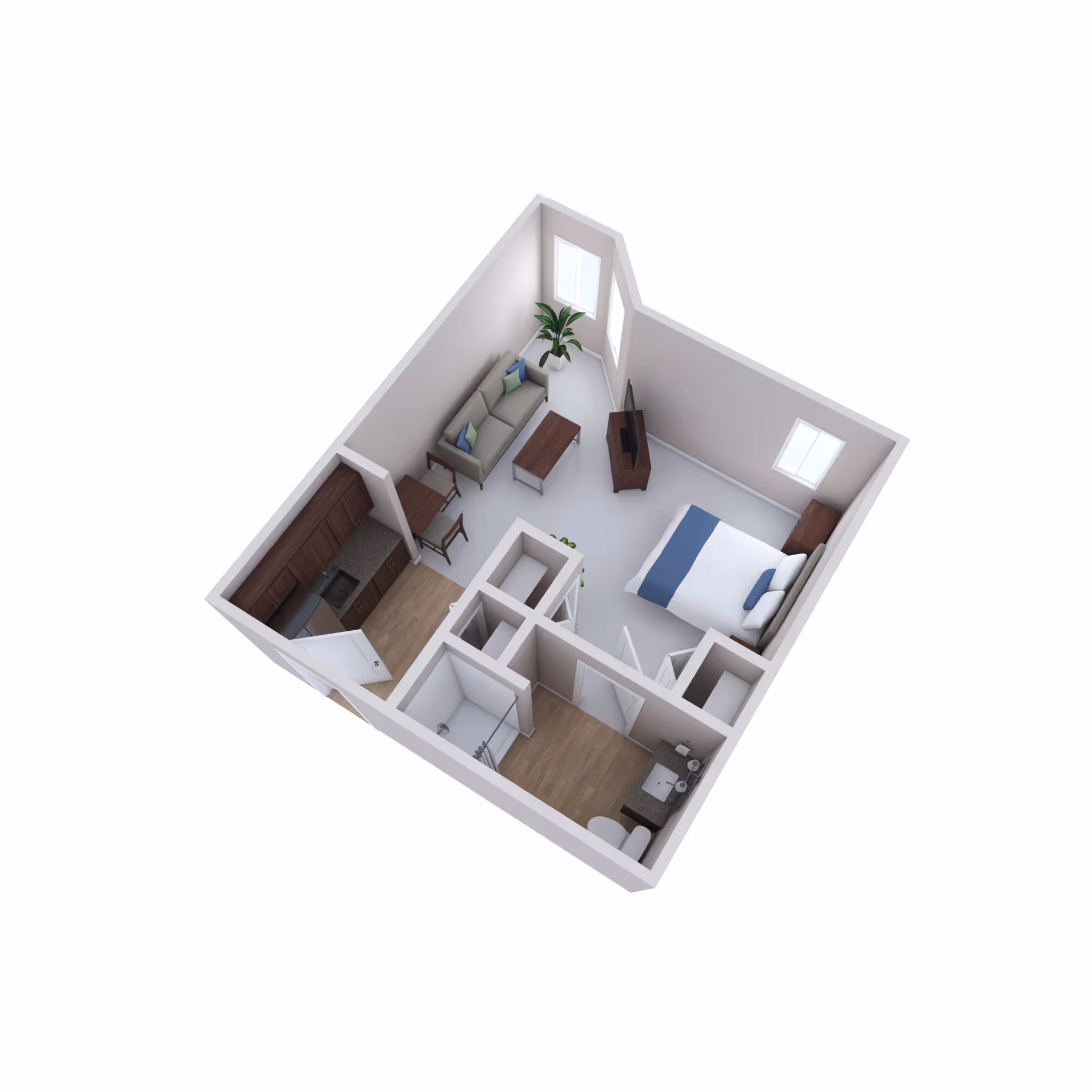 A 3D floor plan rendering of a small apartment showing a bedroom, living area, kitchen, and bathroom.