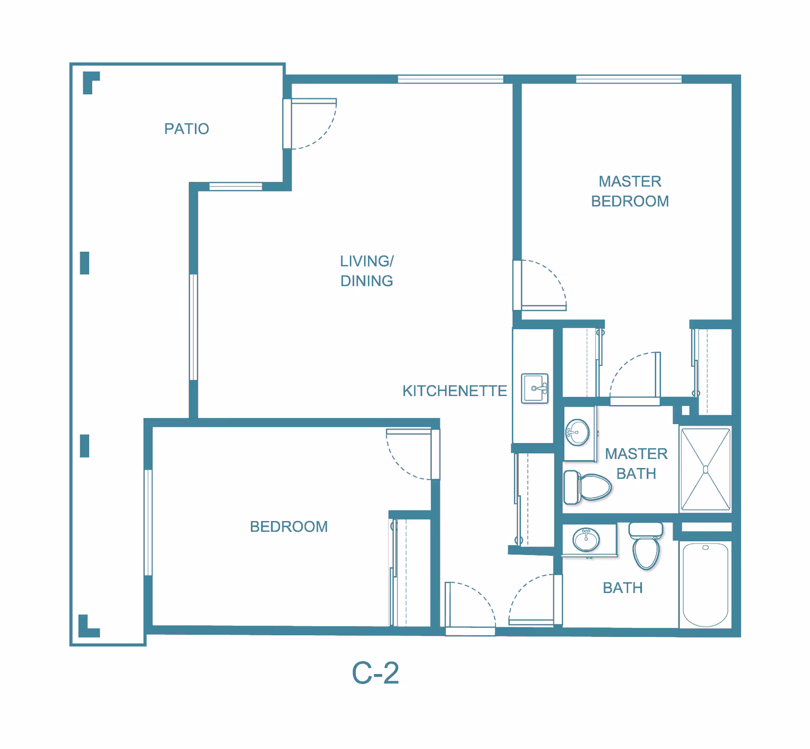 Blueprint-style floor plan labeled 'C-2' showing a two-bedroom apartment with living/dining area, kitchenette, patio, and two bathrooms.