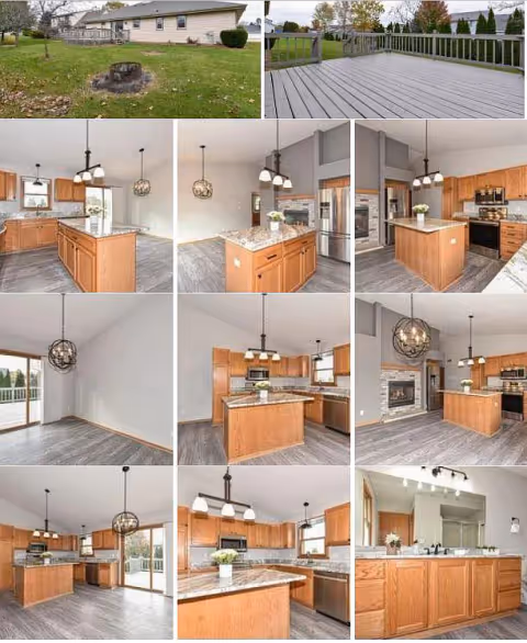 Collage of photos showing a home's kitchen and dining area with wooden cabinets, a central island, modern light fixtures, and exterior deck and backyard views.