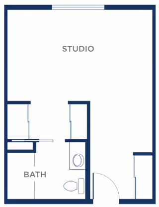 Architectural floor plan of a studio apartment with a bathroom. The layout shows a main studio area, a bathroom with a toilet and bathtub, and an entry door.