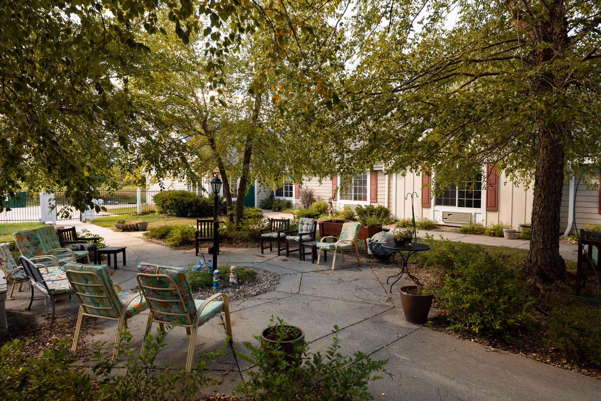 Outdoor patio area at Homestead Assisted Living of Mason City with several cushioned chairs arranged in a circle under large leafy trees, surrounded by plants and shrubs, with a building visible in the background.