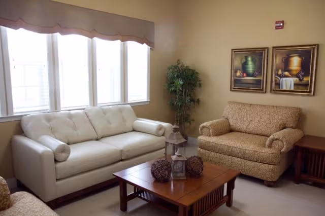 Living room seating area with a white sofa, patterned armchair, wooden coffee table, potted plant and framed wall art by bright windows.