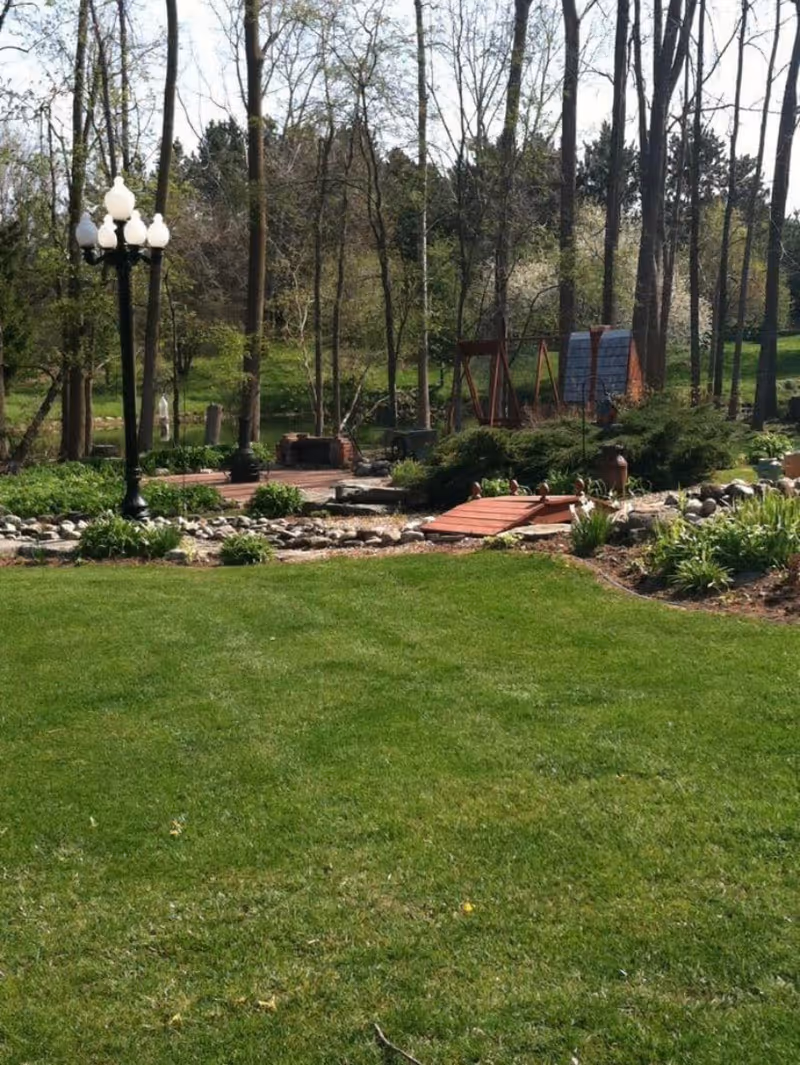 A well-maintained garden area with green grass, a small wooden bridge over a rock-lined stream, various plants and shrubs, tall trees in the background, a vintage-style street lamp, and a wooden swing set near a small shed.