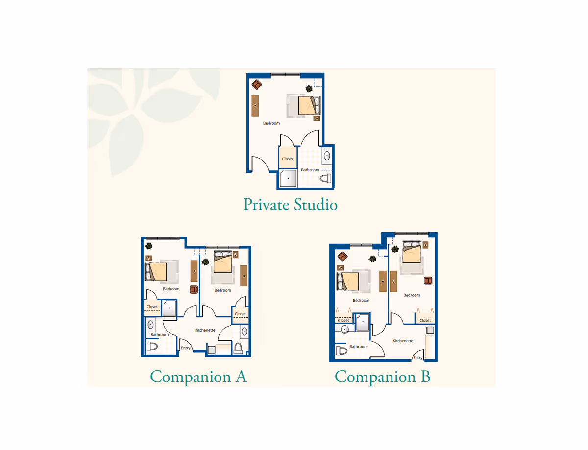 Three labeled floor plan diagrams showing layouts for a Private Studio and two companion apartments (Companion A and Companion B) with rooms and furniture.