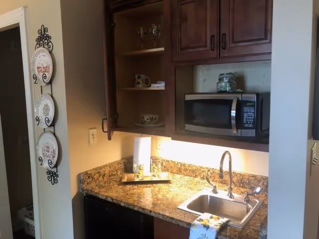 A small kitchen area with granite countertops, a stainless steel sink with a faucet, and a microwave oven mounted above the counter. There are wooden cabinets, one of which is open showing cups and glasses inside. A paper towel holder and a decorative tray with small items are on the counter. On the left wall, three decorative plates are mounted vertically on a black metal holder.