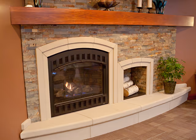 Stone fireplace with a lit gas insert, wooden mantel, stacked birch logs in a side alcove and a potted plant on the hearth.