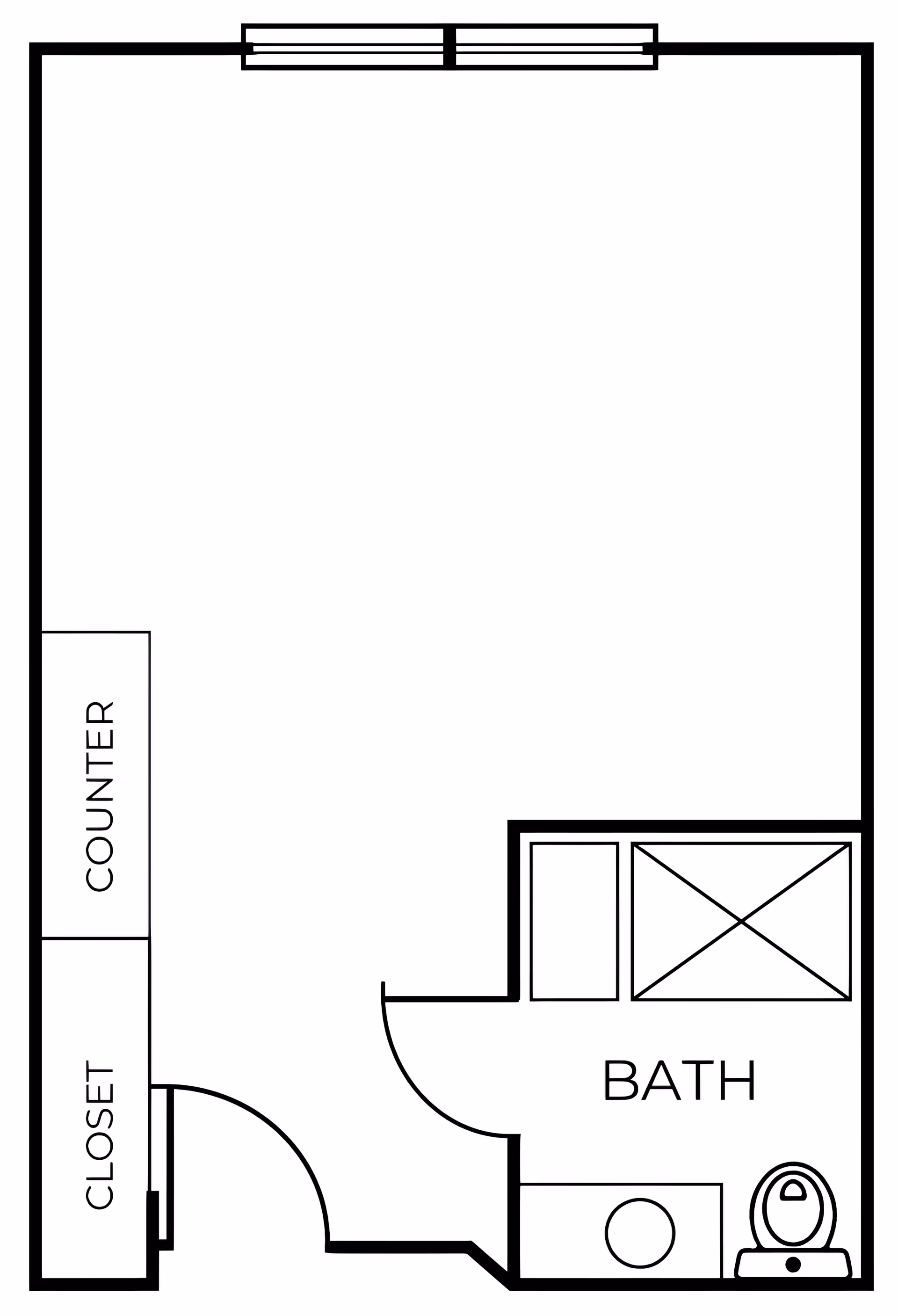 Floor plan of a small living space with a closet and counter on the left side, and a bathroom on the right side containing a shower, sink, and toilet.