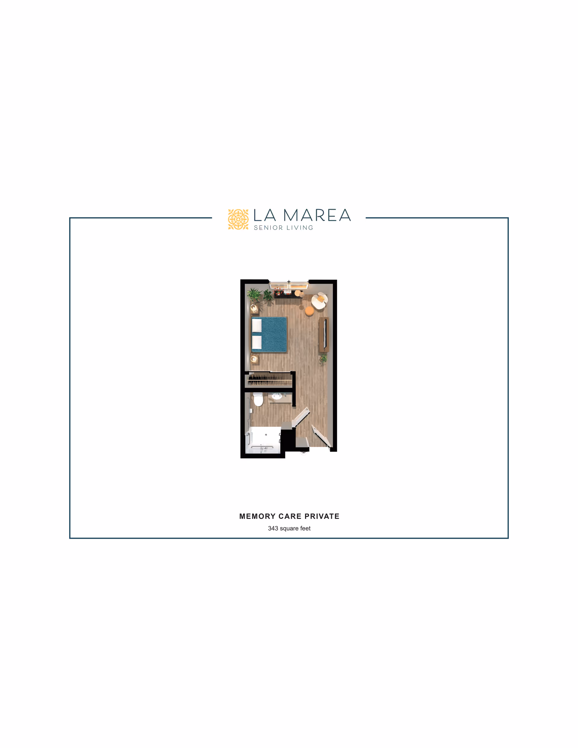 Branded floor plan for a 343 sq ft Memory Care Private studio showing a bed, bathroom and small living/kitchen area.
