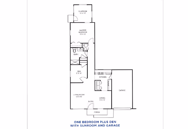 Floor plan of a one-bedroom plus den apartment with a sunroom and garage. The layout includes a porch, entry, dining area, kitchen, living room, den, bathroom, master bedroom, sunroom, and garage. Dimensions are provided for each room.