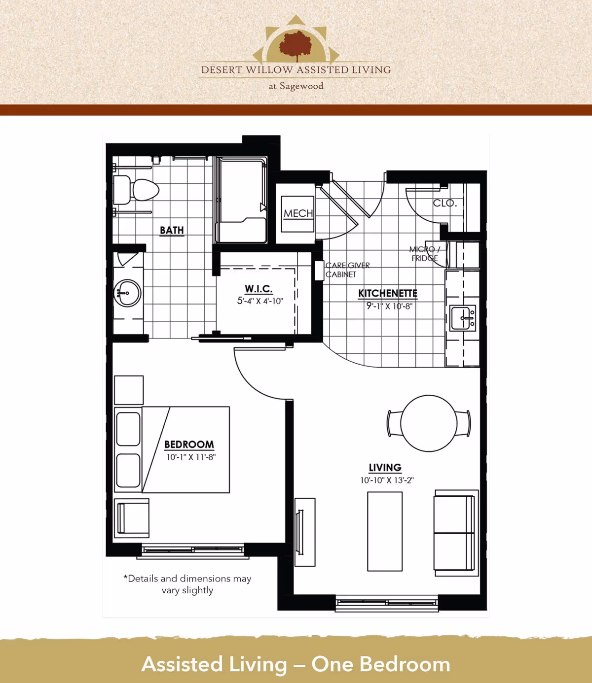 Floor plan of a one-bedroom assisted living unit at Desert Willow Assisted Living at Sagewood, showing a bedroom, bathroom, walk-in closet, kitchenette, and living area with furniture layout and dimensions.