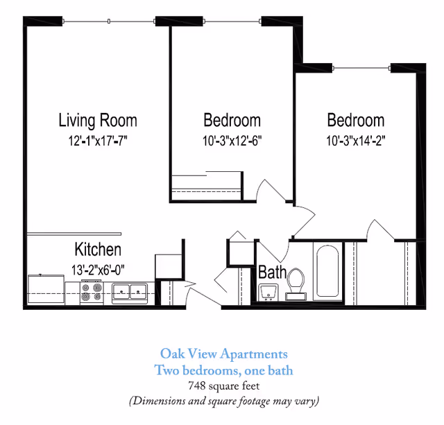 Floor plan of Oak View Apartments showing two bedrooms, one bathroom, a living room, and a kitchen. The living room measures 12 feet 1 inch by 17 feet 7 inches. The first bedroom measures 10 feet 3 inches by 12 feet 6 inches. The second bedroom measures 10 feet 3 inches by 14 feet 2 inches. The kitchen measures 13 feet 2 inches by 6 feet. The bathroom includes a bathtub, toilet, and sink. The total area is 748 square feet.