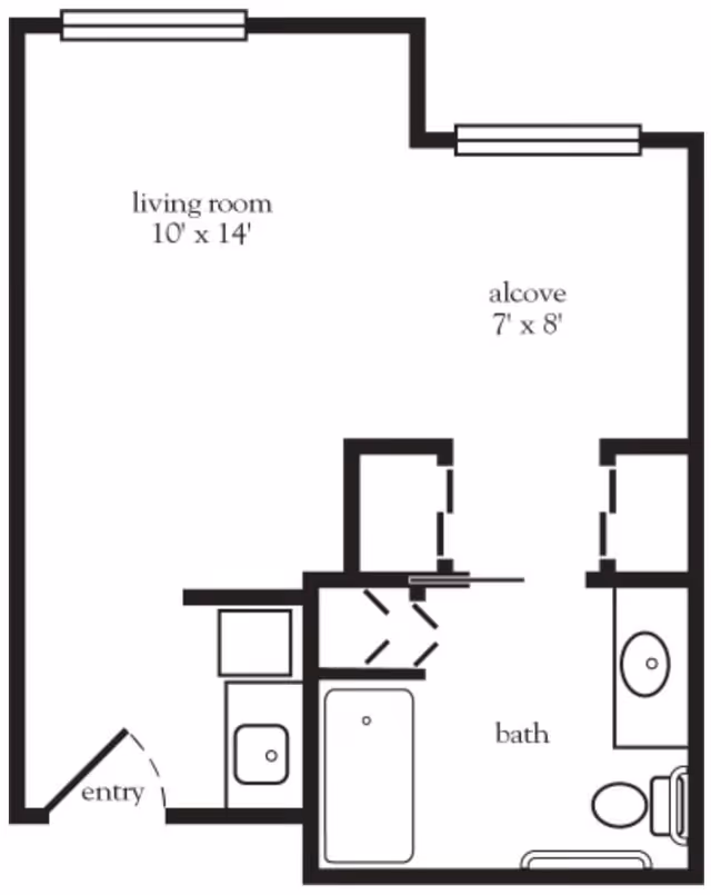 Floor plan layout showing a living room measuring 10 feet by 14 feet, an alcove measuring 7 feet by 8 feet, an entry area, and a bathroom with a bathtub, toilet, and sink.