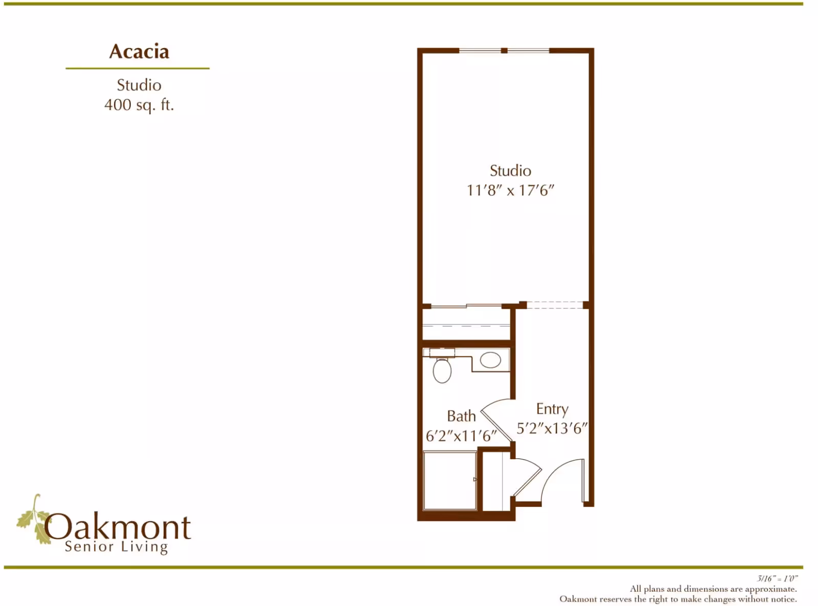 Floor plan of Acacia studio apartment at Oakmont Senior Living, showing a 400 sq. ft. layout with a studio room measuring 11'8" x 17'6", an entry area measuring 5'2" x 13'6", and a bathroom measuring 6'2" x 11'6".