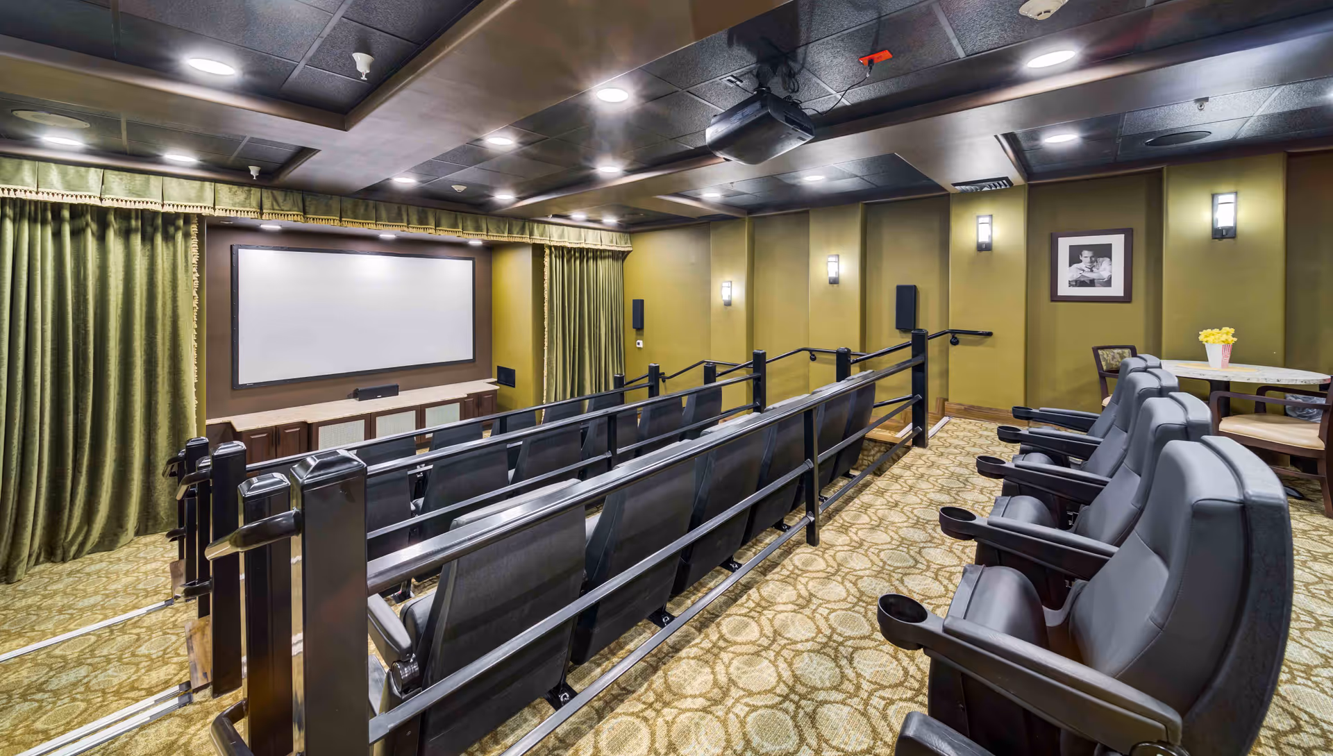 Small indoor theater room with rows of reclining seats facing a large projection screen and green curtains.