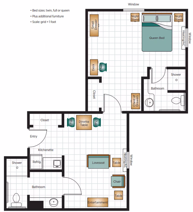 Floor plan of a senior living unit at Belmont Village Senior Living Buckhead showing a bedroom with a queen bed, nightstands, desk, small dresser, closet, and bathroom with shower. The living area includes a loveseat, chair, tables, entertainment center, dinette table with chairs, kitchenette with refrigerator and microwave, entry closet, and a second bathroom with shower.